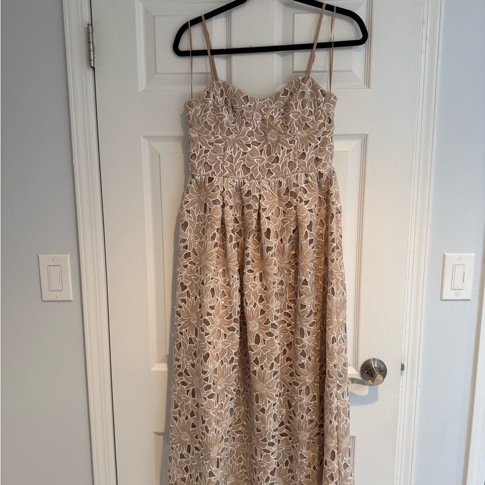 Aqua Beige Floral Lace Midi Dress